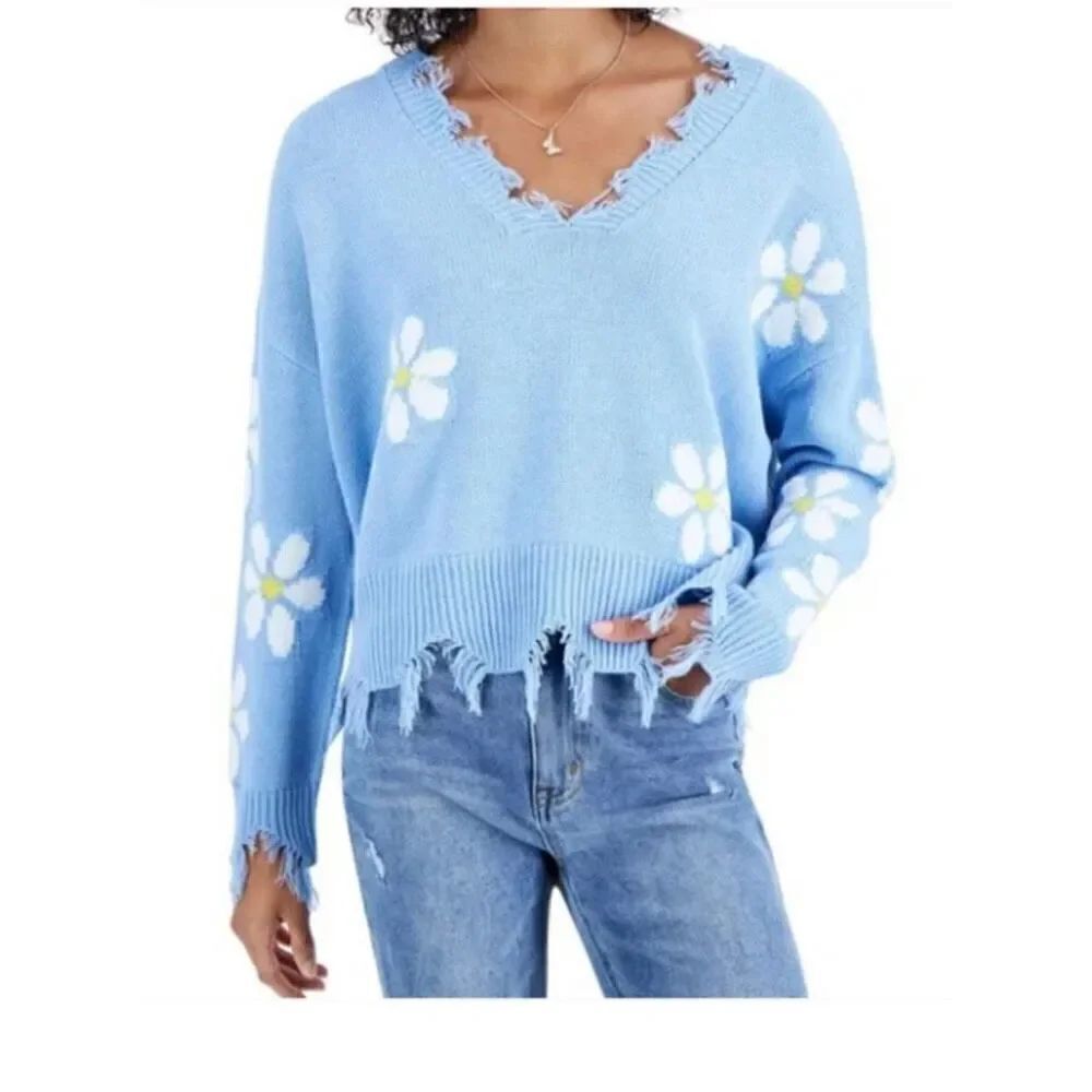 Just polly women’s Daisy Distressed novelty, light, blue sweater, size medium